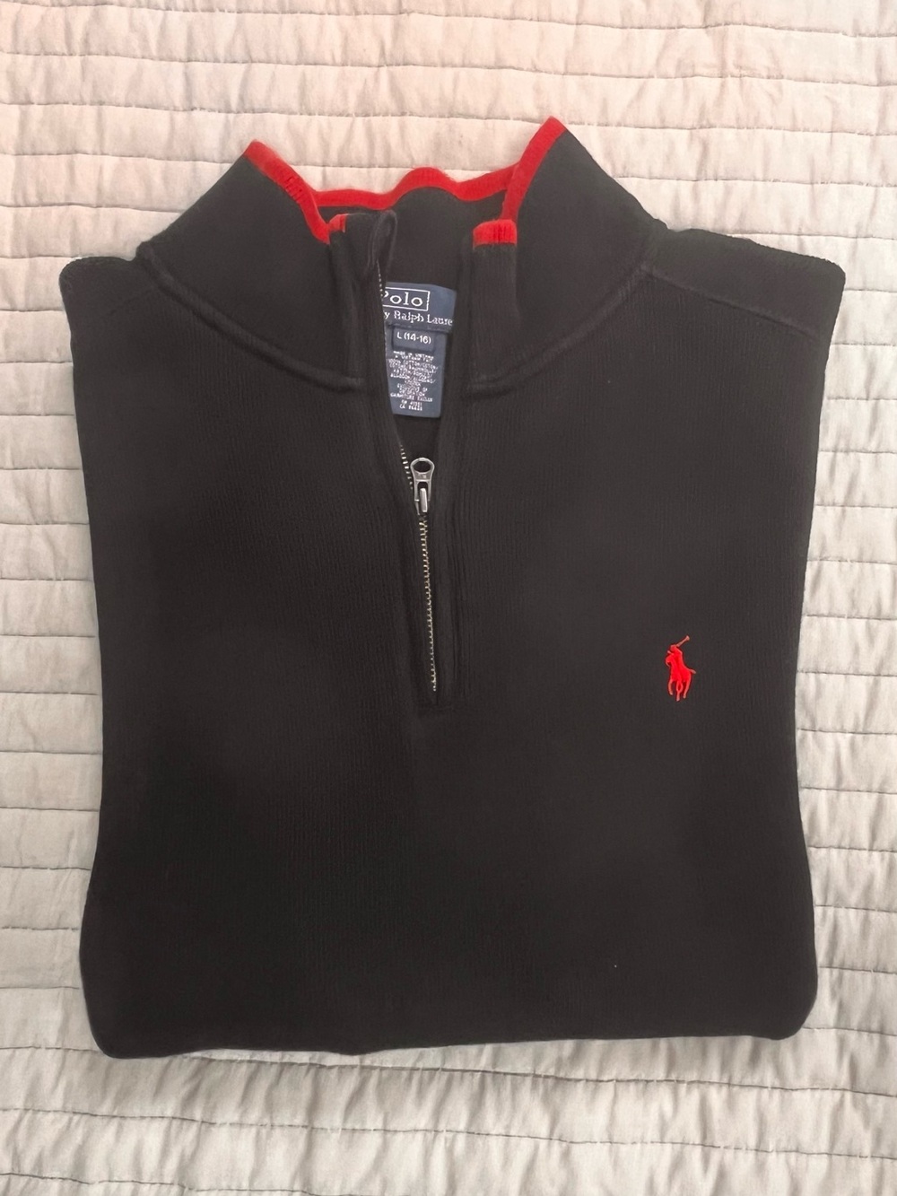 Ralph Lauren Boy’s Black Quarter- Zip Sweater with Red Logo Trim size 14/16